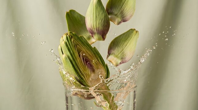 Artichokes falling into a glass of water creating a dynamic fresh fruit water splash effect