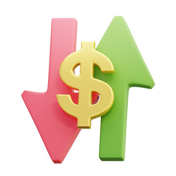 3D dollar Value Fluctuation Currency Exchange Rates with Up and Down Arrows