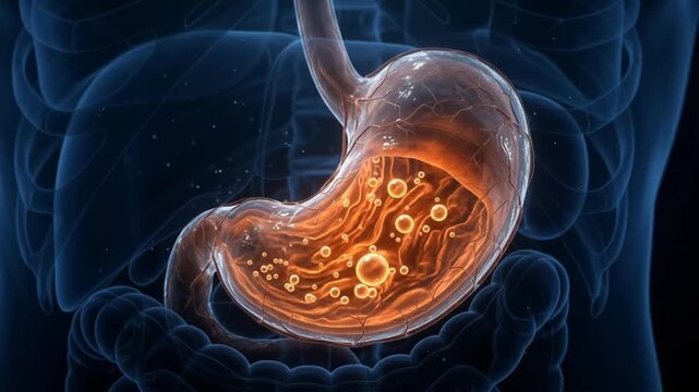 3D medical animation of a glowing human stomach illustrating the digestive process and gastric acid activity within the internal digestive system
