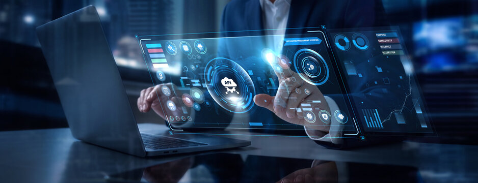 Businessman Analyzing Application Programming Interface and Cloud Architecture Data on Digital Screen, Software Connectivity, Microservices Protocol, Database Interface, Cyber Integration