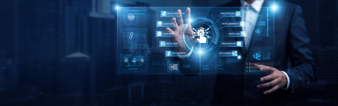 Businessman analyzing paperless process conversion and digital screen, digitization data networking interface. Legacy record transformation, automated document archiving, digital asset management.