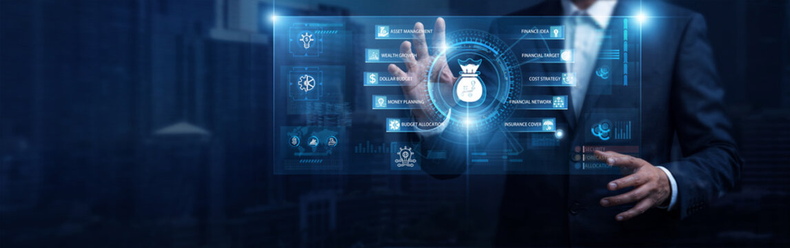 Businessman analyzing wealth management strategy and digital screen, financial planning data networking interface. Corporate asset allocation, retirement savings forecast, capital growth dashboard.