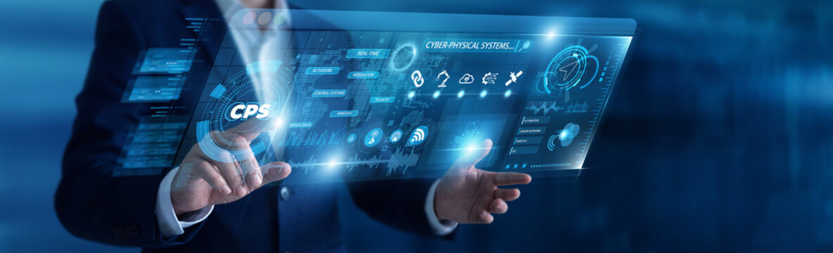 Businessman analyzing CPS and digital screen, smart IoT automation data networking interface. Industrial robotics control, embedded network, smart factory concept.