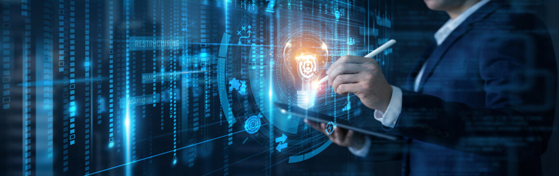 Businessman analyzing data with tablet for change management and organizational transition innovation concept on futuristic interface. Process adaptation, business growth, leadership, strategy.