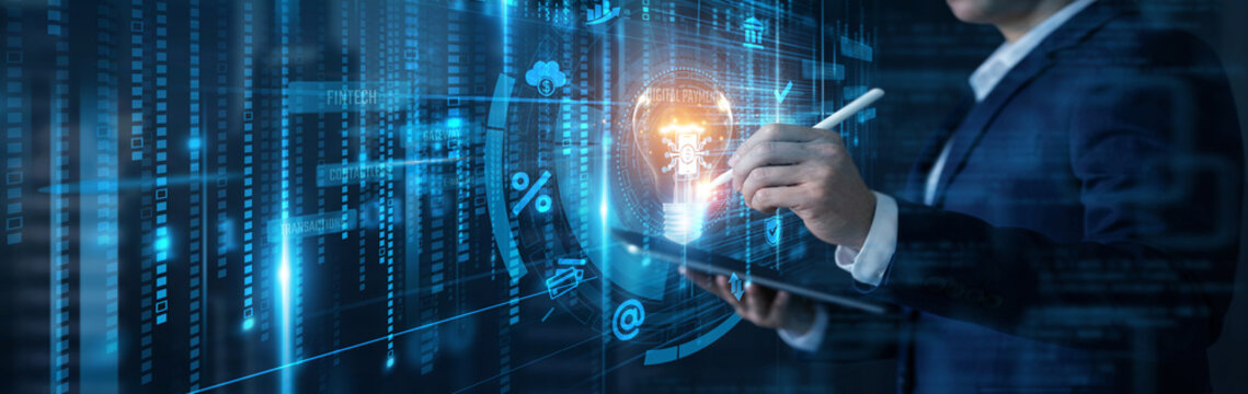 Businessman analyzing data with tablet for digital payments and online transaction innovation concept on futuristic interface. E-commerce finance, mobile wallet, financial tech, banking.
