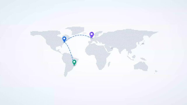 Global Network Animation with World Map Connection Pins for Business and Logistics Travel