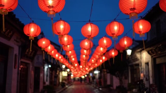 Rows of red paper lanterns glowing over an old street at dusk for Lunar New Year