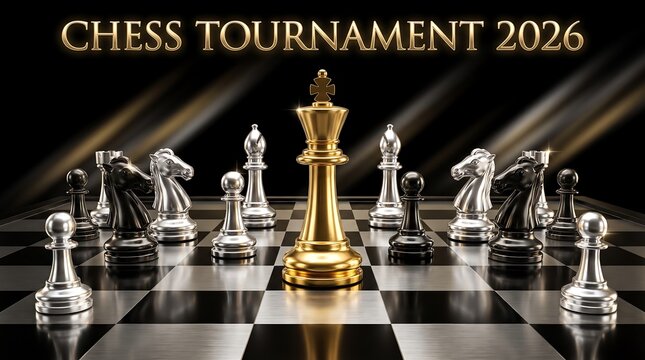 Golden king chess piece standing on checkered board during competitive game tournament with competition strategy checkmate strategic