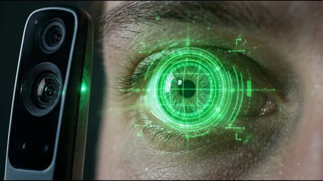 A close view shows a person facing a smartphone as a green digital scan appears over their eye, suggesting biometric identification indoors