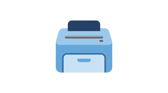 A flat vector illustration depicts a desktop inkjet printer with a paper tray on a white background