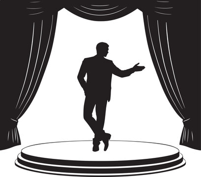 Silhouette of a Speaker Presenting on Stage with Theater Curtains