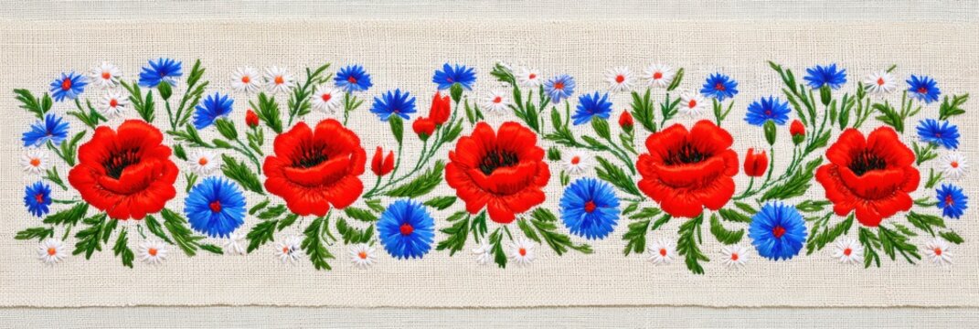 Ukrainian folk floral embroidery with red poppies, blue cornflowers, white daisies and green leaves stitched on ivory linen textile