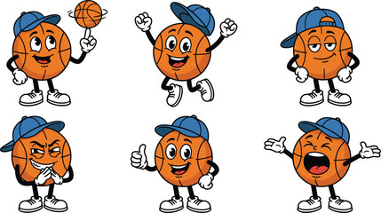 Vintage cartoon basketball athlete character wearing a blue baseball cap spinning ball cheering yawning and scheming poses © MSTSABINA