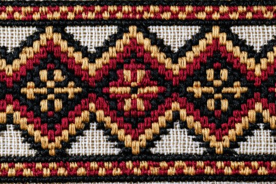 Bulgarian shevitsa embroidery with red, black and ochre geometric diamonds, stylized floral motifs and repeating borders in a traditional textile pattern