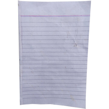 Blank lined notebook paper sheet with red margin line, isolated on transparent background