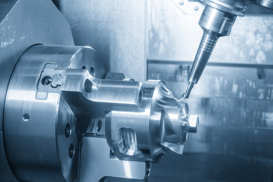 Automotive parts production on a multi-tasking CNC machine using a ball nose end mill in a blue tone scene