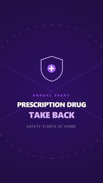 Animated banner promotes the annual prescription drug takeback event, featuring a protective shield symbol suitable for health campaigns and websites.