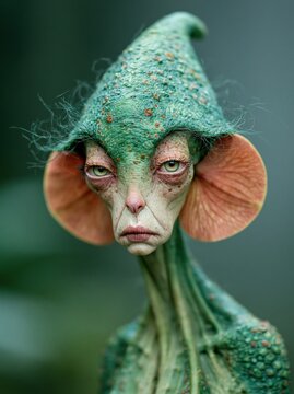 Surreal green creature with pointed hat and expressive face