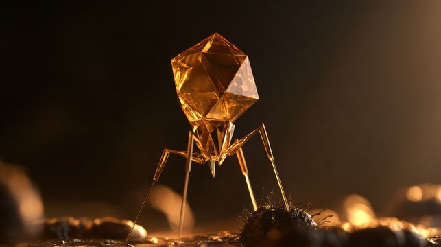 A 3D render displays a bacteriophage virus attacking bacteria. The model highlights phage therapy for precise crop protection.