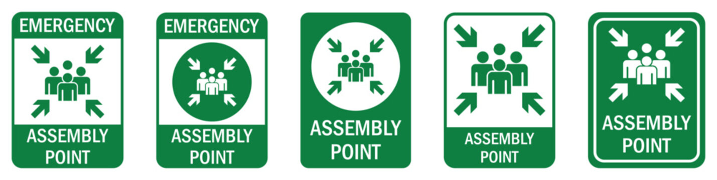 Emergency assembly point sign set. Assembly / meeting point icon.  gathering point signboard, emergency evacuation icon symbol, vector illustration.