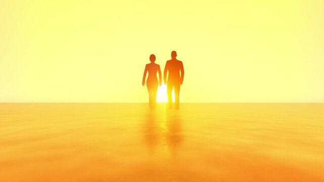 A woman and man walking into the Sun
could represent freedom, freelance or going into a new world, into a new direction or a new path. going together and strong. independence with own ideas and c