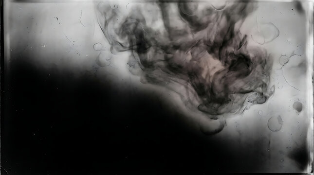 Abstract black ink cloud swirling in water with vintage film grain and light leak texture