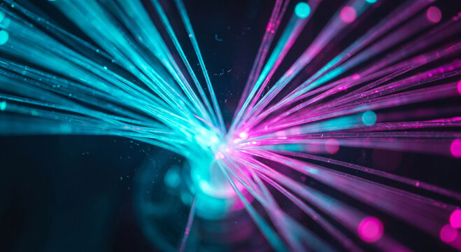 Macro Glowing Neon Cyan and Magenta Fiber Optic Light Strands