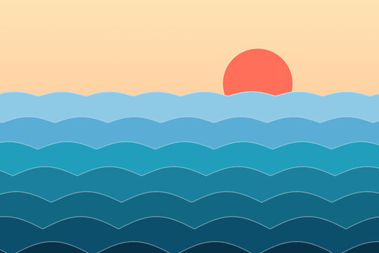 Retro sunset ocean tide waves vector illustration