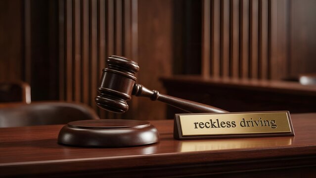 Wooden judge gavel resting beside a brass sign displaying reckless driving text inside a traditional courtroom setting with polished furniture and warm lighting