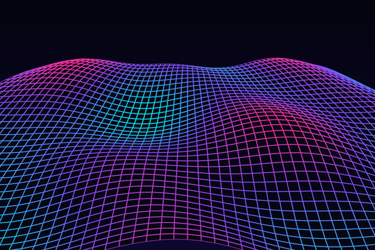 Neon wireframe mesh wave 3d grid abstract background