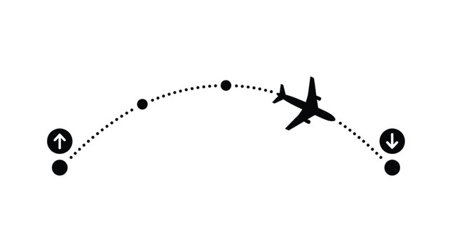 Airplane flight path with departure and arrival points black vector illustration