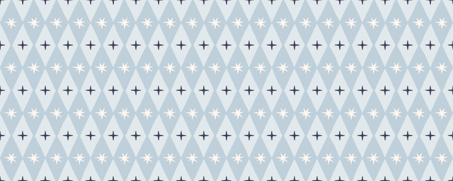 Hand drawn irregular diamond shaped seamless pattern with stars. Pastel blue winter background. Geometric rhombus Christmas print for wrapping paper, textile and texture. Vector illustration