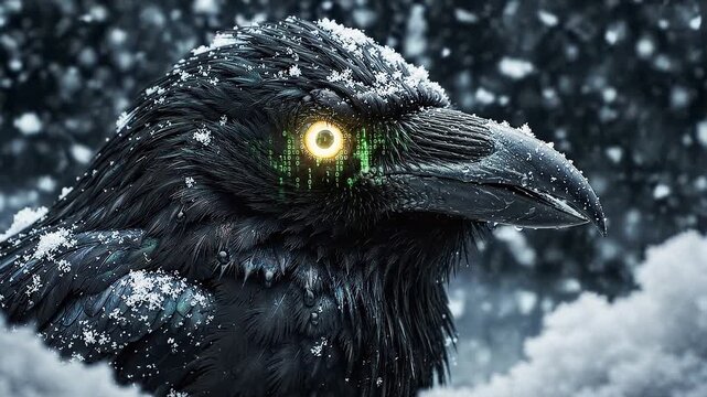 Cyber Raven Perching Snowy Blizzard