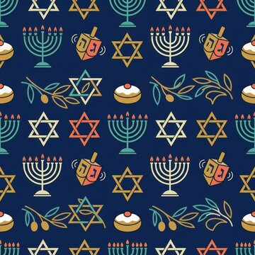 Seamless Hanukkah pattern with menorahs, dreidels, stars of David, sufganiyot and olive branches on navy blue