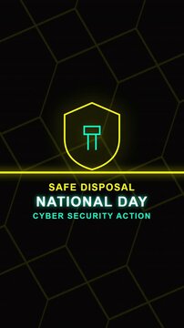 Animated neon emblem celebrates national cybersecurity action day, promoting safe disposal and data protection for posters, websites, and social media.