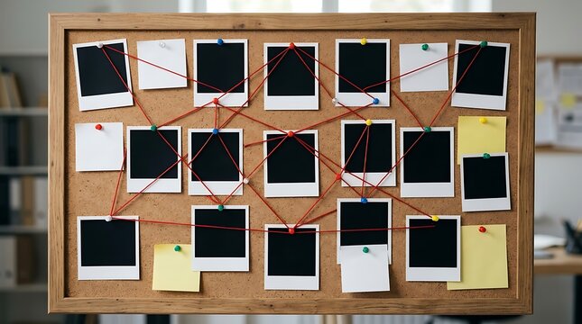 A corkboard covered with blank photographs and connecting red string creates a detective investigation scene evidence photos pinned