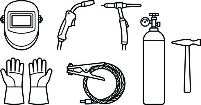 Industrial welding tools line icons vector set featuring safety helmet protective gloves torches gas cylinder and ground clamp