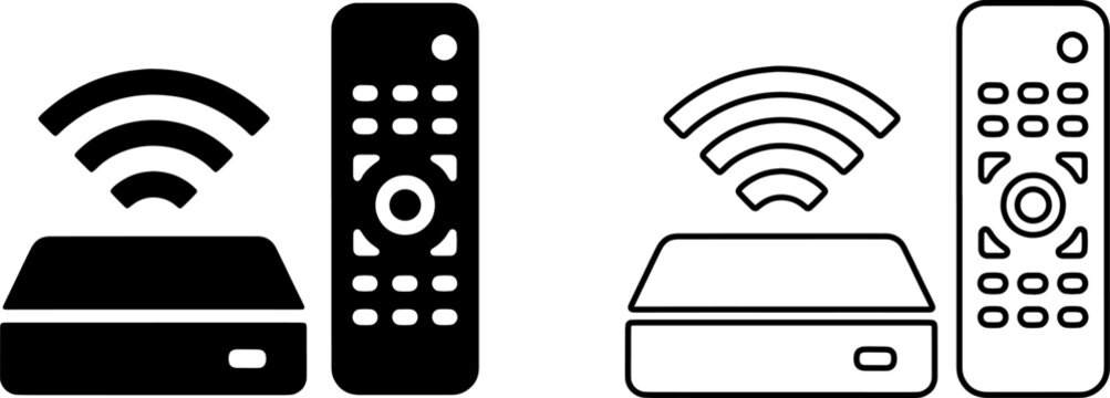 Digital receiver and remote control set with wireless signal symbol for streaming media and cable television box.