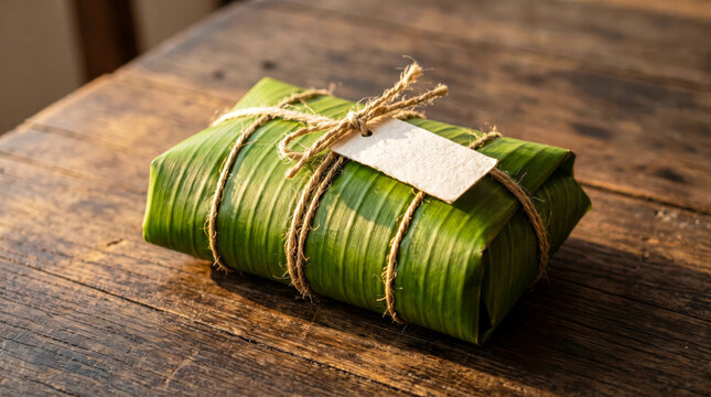 Banana Leaf Wrapped Food Parcel Tied with Twine and Paper Tag on Wood