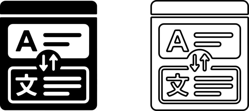 Online translation application interface black and white line icons for mobile web browser language interpreting.