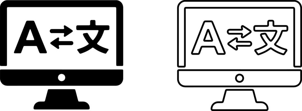 Computer screen language translation service icons for digital dictionary and desktop software localized settings.