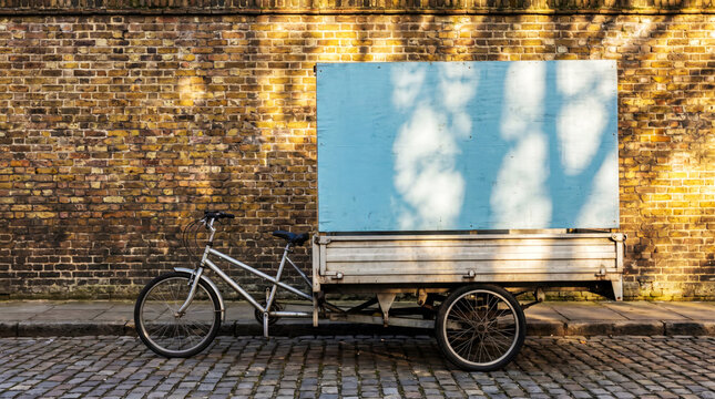 Cargo Bicycle Trailer with Blank Light Blue Panel Against Old Stone Wall
