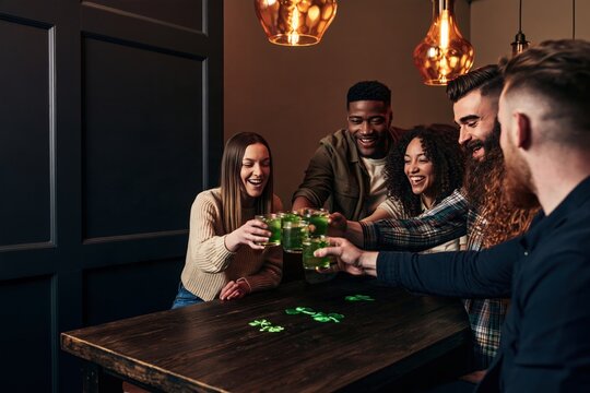Joyful group of friends toasting with green drinks and shamrocks on a pub table during St Patrick's Day party
