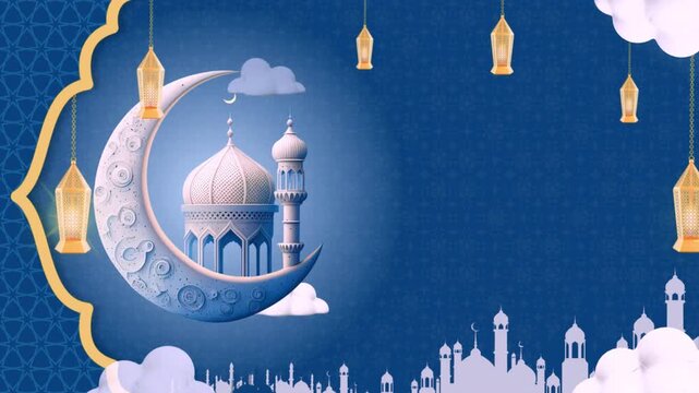 Animated Eid Mubarak greeting card with crescent moon mosque and lanterns vector illustration