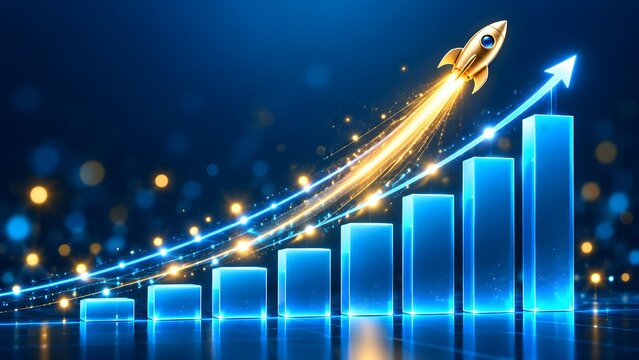 Golden rocket soaring diagonally above glowing blue 3D bar chart and rising trend arrow representing exponential financial growth and market success