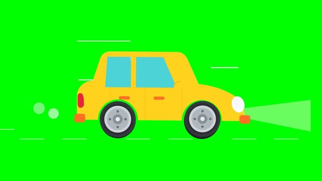 Flat vector yellow car driving animation on green screen background