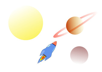 Minimalist cosmic travel concept featuring a cartoon rocket and celestial planets. © Ronny