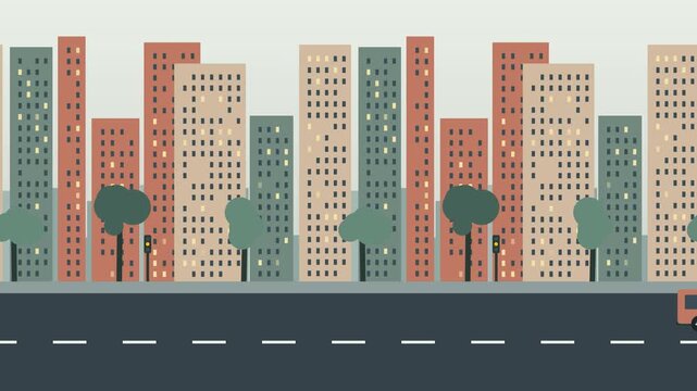 Flat vector city cityscape seamless background illustration with skyscrapers high rise buildings and street road