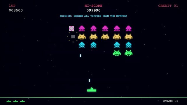 Retro 8 bit alien shooter arcade game with rows of pixel aliens and score on black background, representing classic arcade gaming and shoot em up video games.