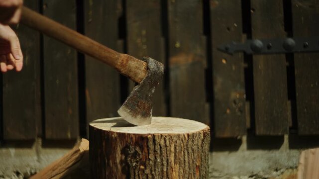 Splitting wood block with metal axe outdoor in daylight